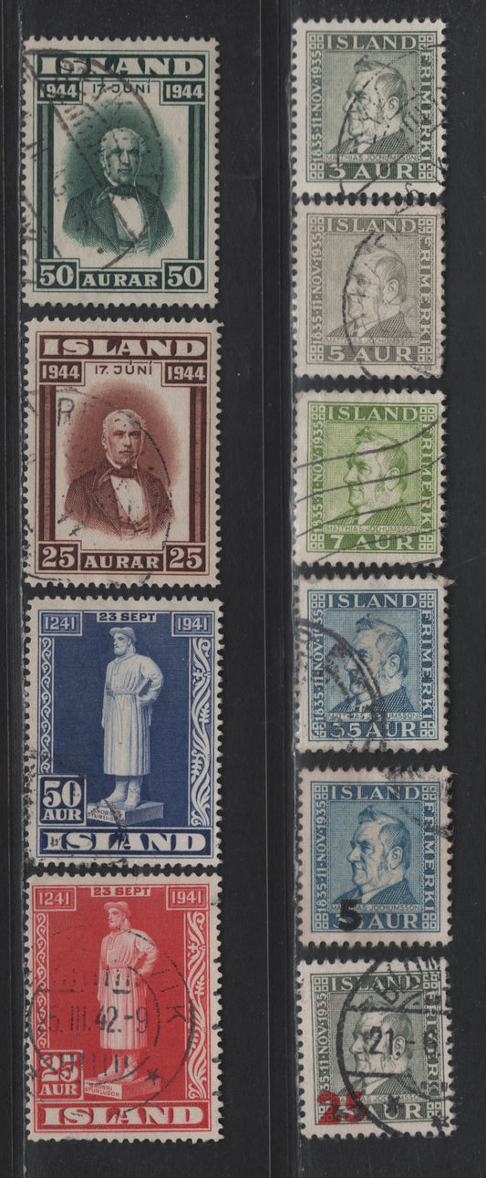Lot 395 Iceland #195-198, 212, 236, 237, 238, 241-242 3a Grey Green - 50a Slate Green, 1936 Matthias Jochumssun - 1944 Founding Of Republic Issues, 10 F & VF Used Singles