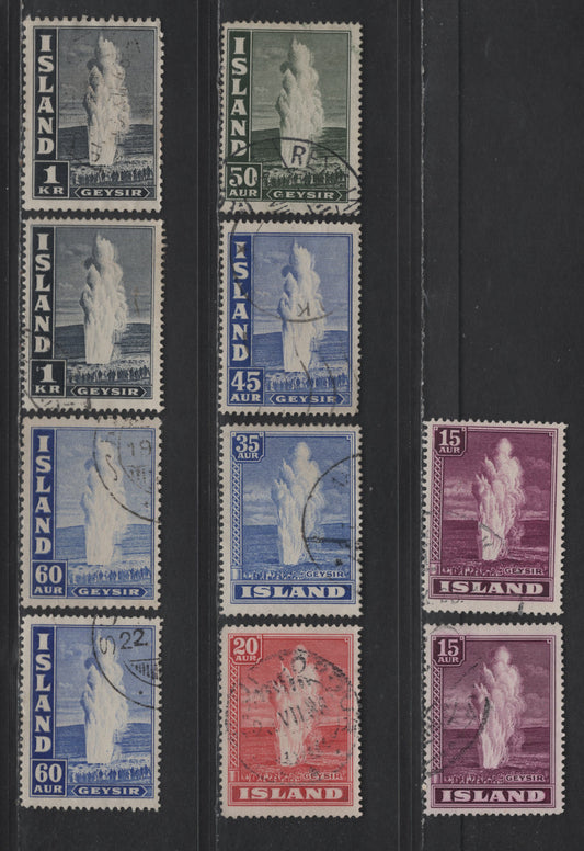 Lot 396 Iceland #203-205 15a Deep Rose Violet - 1k Indigo, 1938-1947 Geyser Definitives Issue, 10 Very Fine Used Singles Perf 14 & 11 1/2, Plus Extra Shade Of 15a
