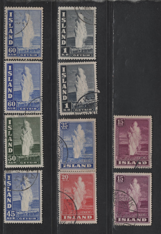 Lot 397 Iceland #203-205 15a Deep Rose Violet - 1k Indigo, 1938-1947 Geyser Definitives Issue, 10 Fine Used Singles Perf 14 & 11 1/2, Plus Extra Shade Of 15a