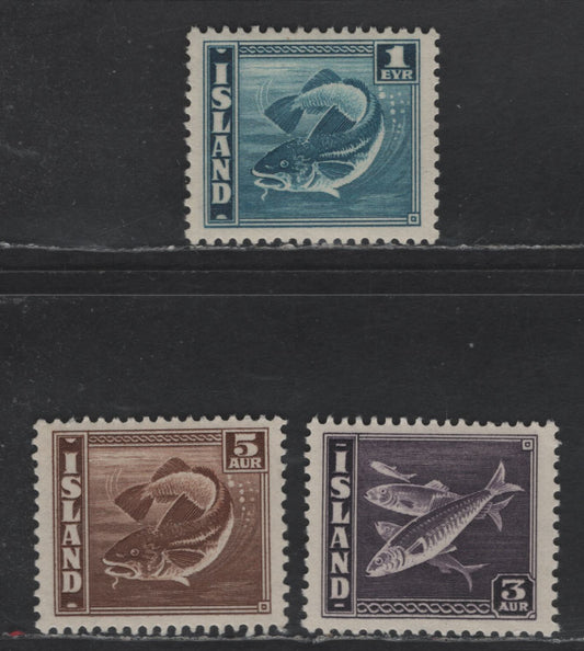 Lot 398 Iceland #217a-219a 1e Prussian Blue - 5a Brown, 1939-1943 Codfish Definitives Issue, 3 VFOG Singles Perf 14 & 13 1/2