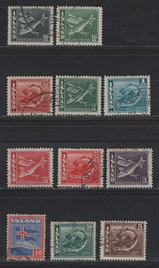 Lot 399 Iceland #217-228 1e Prussian Blue - 10a Carmine & Ultramarine, 1939-1945 Codfish & Herring Definitives Issues, 11 Very Fine Used Singles Comb Perf 14