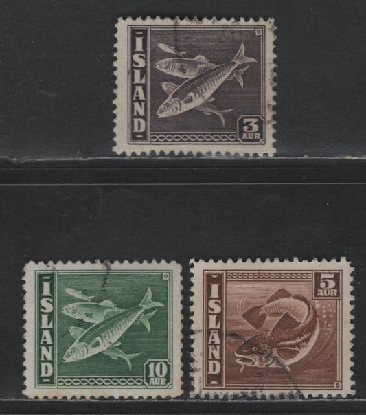 Lot 400 Iceland #218var, 219var, 221var(Facit #241C4, 242C4, 245C4) 3a Lilac - 10a Green, 1939-1945 Codfish & Herring Definitives Issues, 3 F & VF Used Singles Line Perf 14