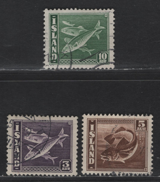 Lot 401 Iceland #218a, 219a, 221b 3a Lilac - 10a Green, 1939-1945 Codfish & Herring Definitives Issues, 3 Very Fine Used Singles Perf 14x13 1/2