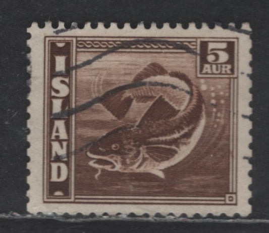 Lot 402 Iceland #219avar(Facit #242v1) 5a Brown, 1939-1943 Codfish Definitives Issue, A Very Fine Used Single Slot Machine Perf 14x13 1/2