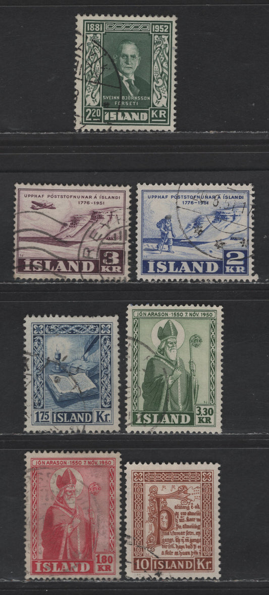 Lot 403 Iceland #269-270, 271-272, 275, 281-282 1.80k Carmine - 10k Orange Brown, 1950 Jon Aroson - 1953 Reykjabok Issues, 7 F & VF Used Singles