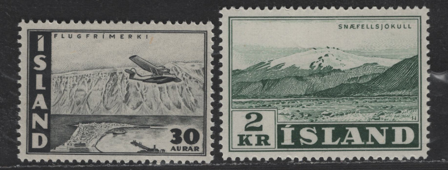 Iceland #302, C22 2k Dark Green - 30a Grey Black, 1957 Glaciers - 1947 Airmail Issues, 2 F & VF NH Singles