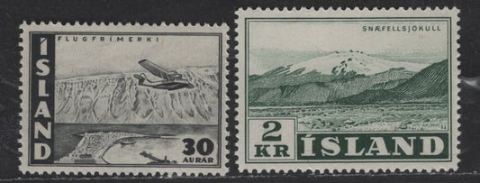 Iceland #302, C22 2k Dark Green - 30a Grey Black, 1957 Glaciers - 1947 Airmail Issues, 2 F & VF NH Singles