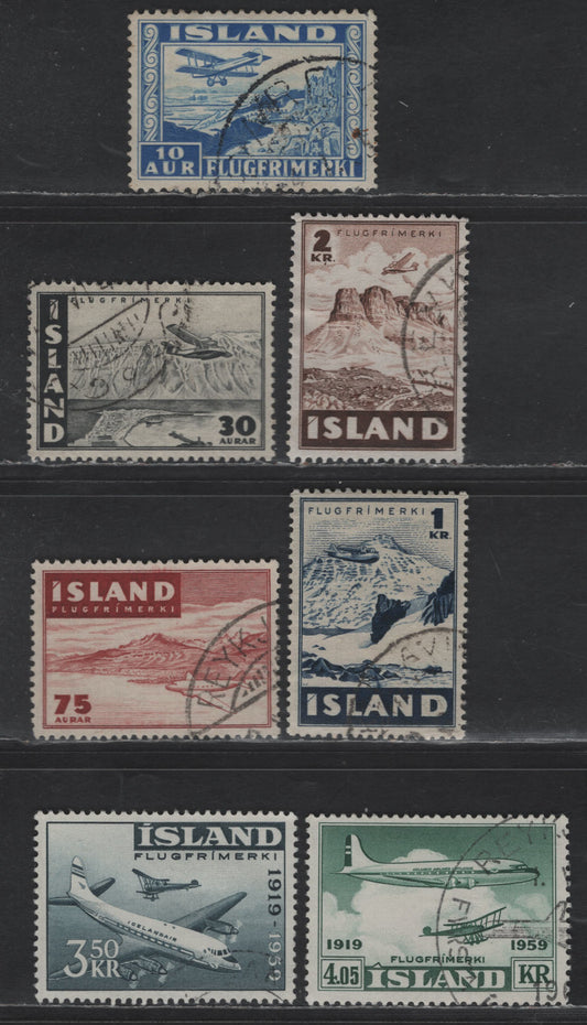 Lot 406 Iceland #C15, C22, C23, C24, C25, C30-C31 10a Blue - 4.05kr Green, 1934-1959 Airmail Issues, 7 Very Fine Used Singles