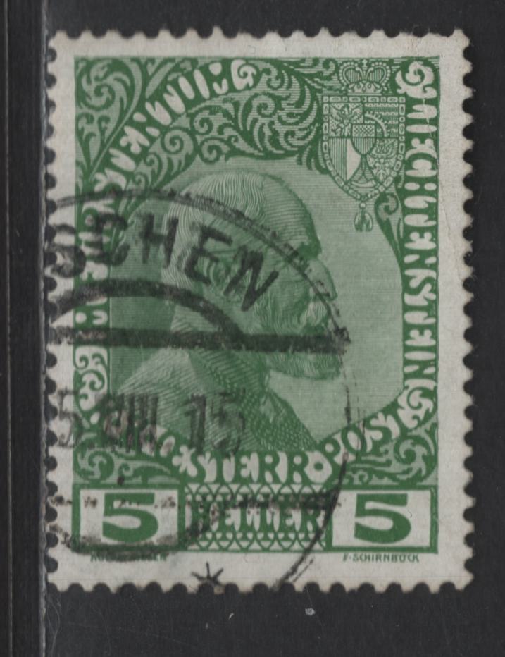 Lot 185 Liechtenstein SC#1 5h Yellow Green Prince Johan II, 1912 Prince Johann II Issue, A Very Fine Used Single, Unwatermarked, Perf 12.5x13, Thick Chalky Paper