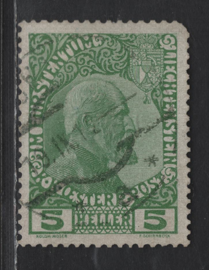 Lot 186 Liechtenstein SC#1a 5h Yellow Green Prince Johan II, 1912 Prince Johann II Issue, A Very Fine Used Single, Unwatermarked, Perf 12.5x13, Thin Unsurfaced Paper