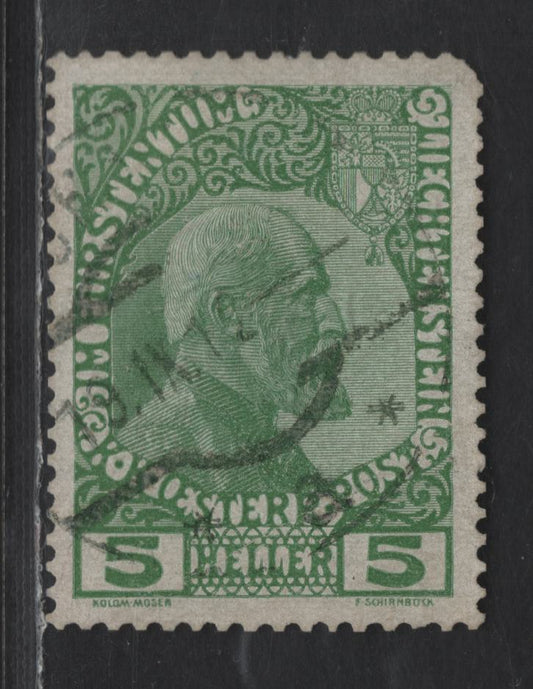 Lot 186 Liechtenstein SC#1a 5h Yellow Green Prince Johan II, 1912 Prince Johann II Issue, A Very Fine Used Single, Unwatermarked, Perf 12.5x13, Thin Unsurfaced Paper