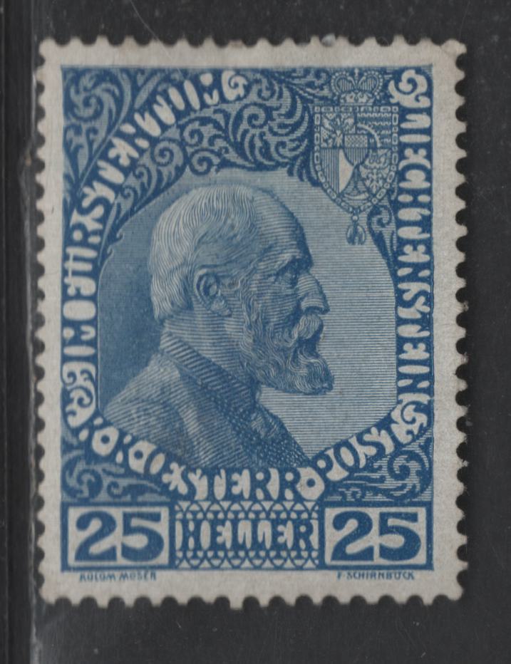 Liechtenstein SC#3 25h Dark Blue Prince Johan II, 1912 Prince Johann II Issue, A VFOG Single, Unwatermarked, Perf 12.5x13, Thick Chalky Paper, Different Shade Than Lot 188