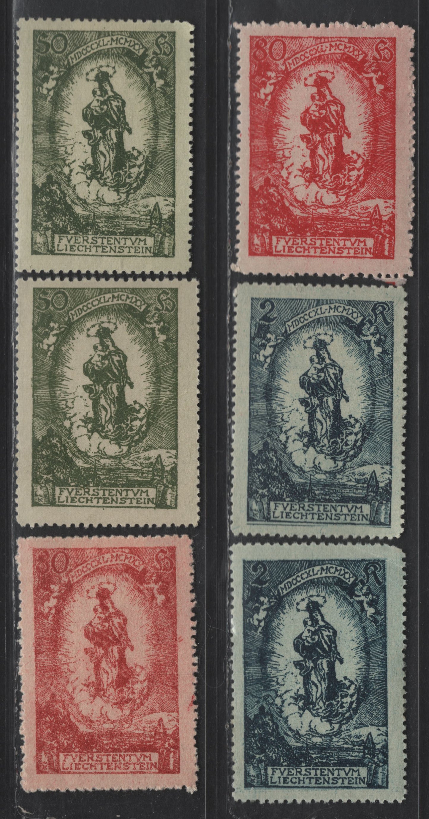 Lot 190 Liechtenstein SC#47-49 50h - 2k Olive Green - Dark Blue Madonna & Child, 1920 80th Birthday Of Prince Johann II Issue, 6 VFOG Singles, Additional Shade For Each Value