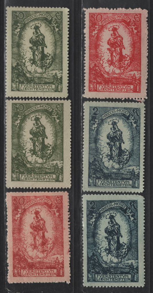 Lot 190 Liechtenstein SC#47-49 50h - 2k Olive Green - Dark Blue Madonna & Child, 1920 80th Birthday Of Prince Johann II Issue, 6 VFOG Singles, Additional Shade For Each Value