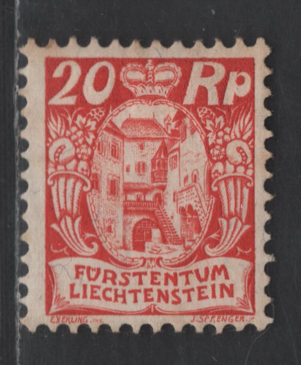 Lot 193 Liechtenstein SC#79 20rp Deep Red Courtyard, 1924-1928 Pictorial Issue, A FOG Single, Perf 11.5, Engraved, Minor Toning