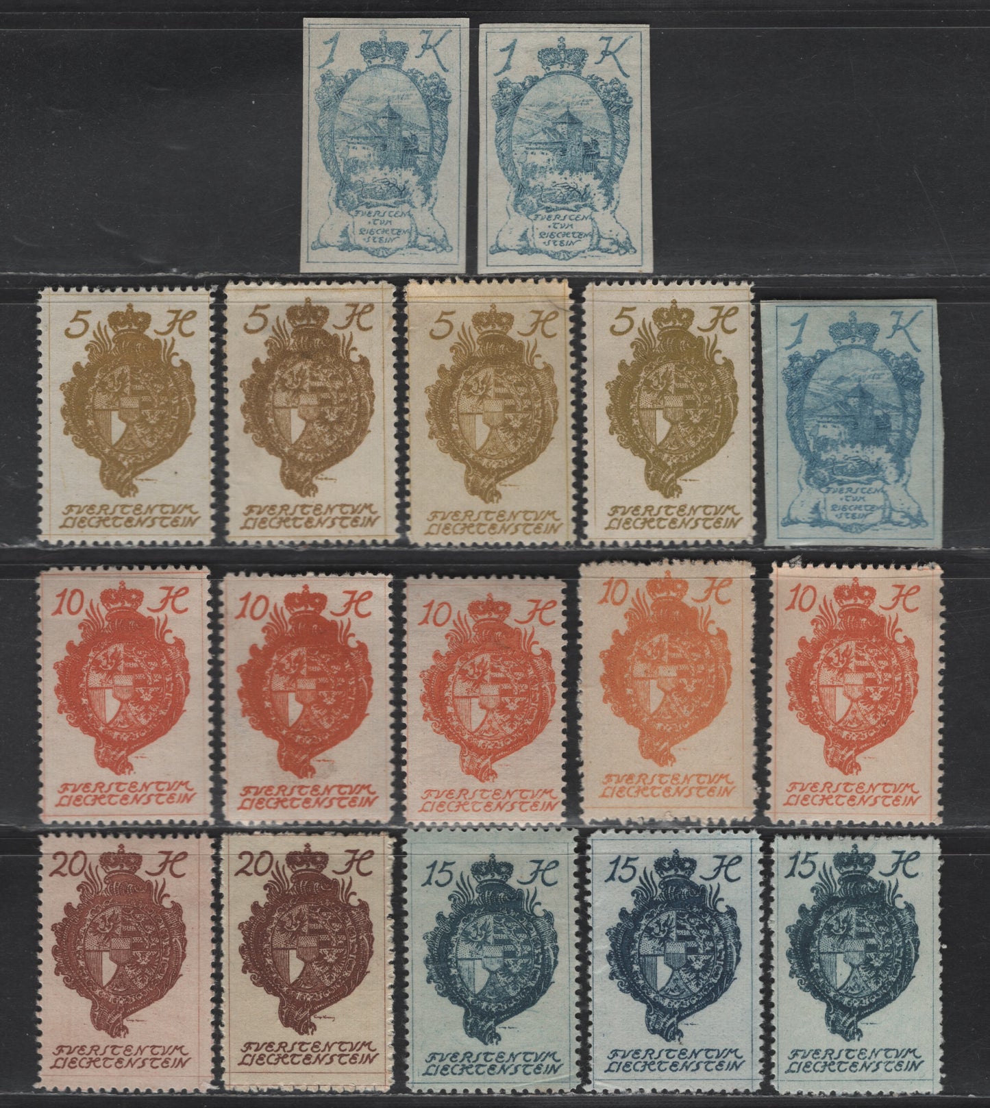 Lot 195 Liechtenstein SC#25, 32-35 1k - 20h Blue - Red Brown Coat of Arms - Chapel of St. Mamertus, 1920 Coat of Arms Issue, 17 F/VFOG Perf & Imperf Singles, Perf 12.5, Additional Shades