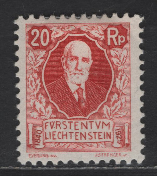 Lot 199 Liechtenstein SC#B2 20rp Deep Red Prince Johann II, 1925 Semi Postal Issue, A VFOG Single, Perf 11.5, Wmk 183