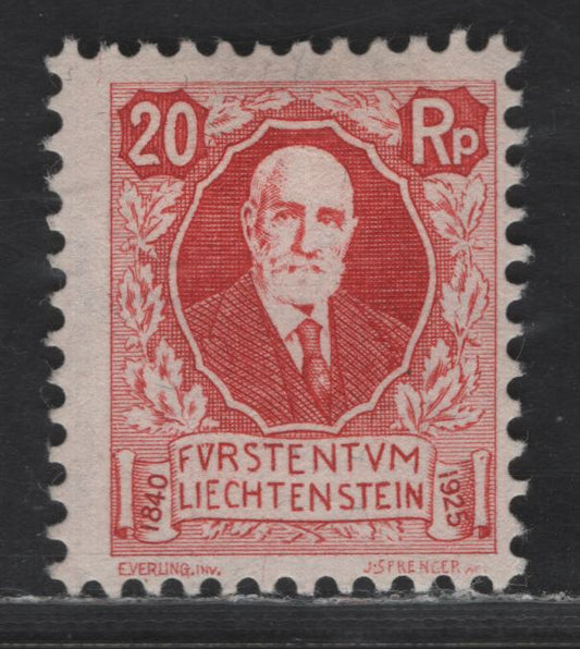 Lot 200 Liechtenstein SC#B2 20rp Deep Red Prince Johann II, 1925 Semi Postal Issue, A FOG Single, Perf 11.5, Wmk 183