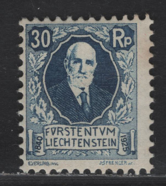 Lot 201 Liechtenstein SC#B3 30rp Deep Blue Prince Johann II, 1925 Semi Postal Issue, A VFOG Single, Perf 11.5, Wmk 183