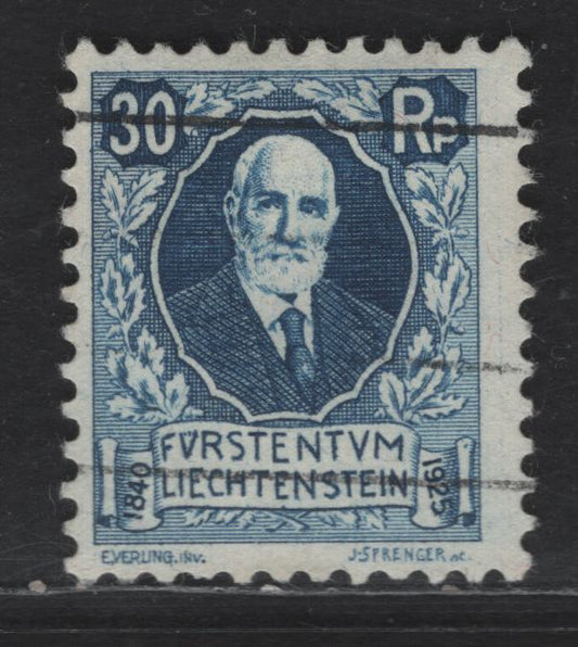 Liechtenstein SC#B3 30rp Deep Blue Prince Johann II, 1925 Semi Postal Issue, A Very Fine Used Single, Perf 11.5, Wmk 183