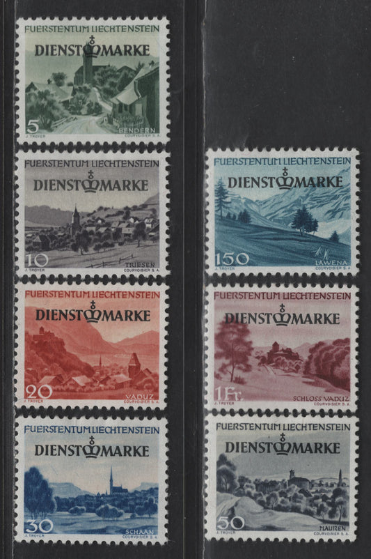 Lot 205 Liechtenstein SC#O30-O36 5rp - 150rp Slate Green & Buff - Royal Blue Landscapes, 1947 Official Issue, 7 VFOG Singles
