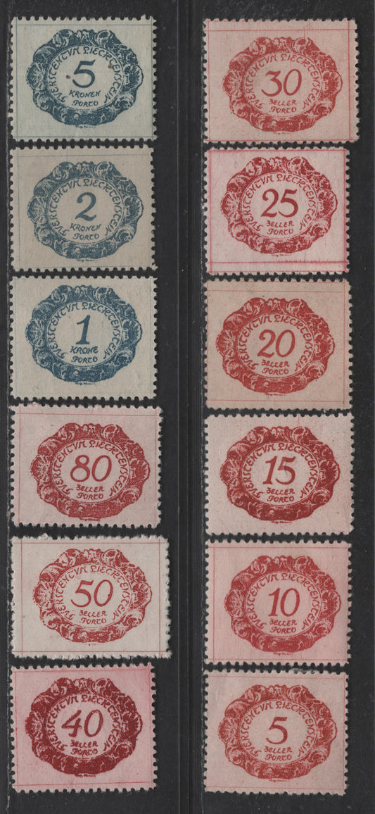Lot 207 Liechtenstein SC#J1-J12 5h - 5k Rose Red - Dull Blue Numeral, 1920 Postage Due, 12 VFOG Singles, Unwatermarked, Perf 12.5