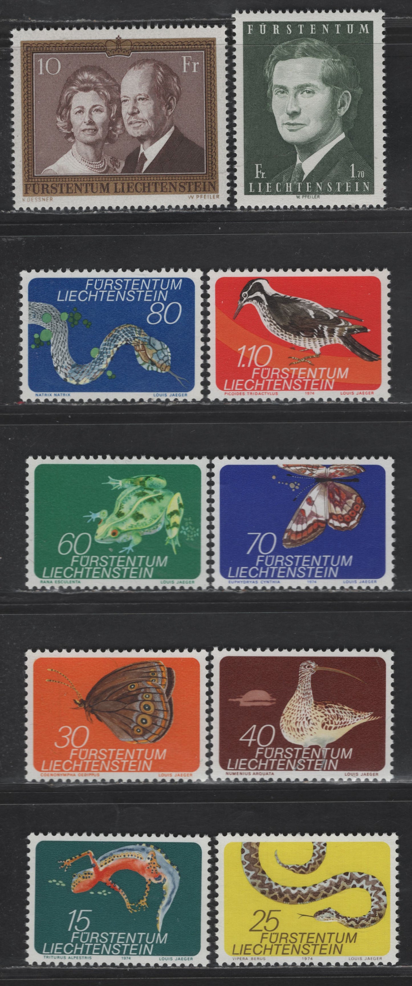 Lot 209 Liechtenstein SC#534-541, 556-557 15rp - 10fr Multicolored - Gold & Chocolate Bugs & Animals - Princess Gina & Prince Franz Joseph II, 1973-1975 Insects & Animals - Portraits Issue, 10 VFOG Singles