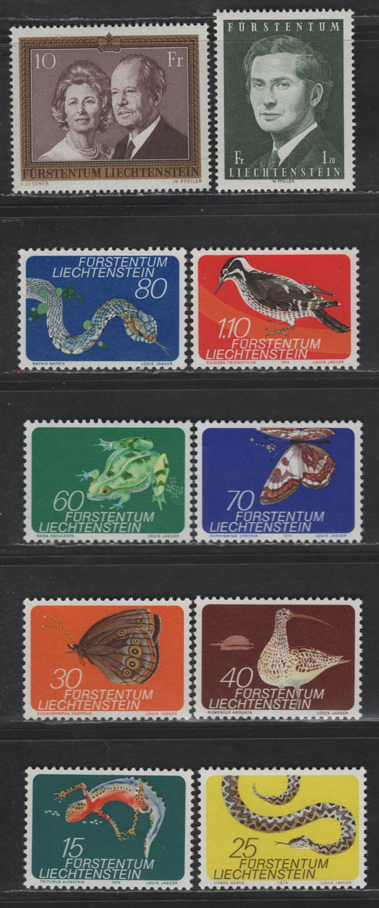 Lot 209 Liechtenstein SC#534-541, 556-557 15rp - 10fr Multicolored - Gold & Chocolate Bugs & Animals - Princess Gina & Prince Franz Joseph II, 1973-1975 Insects & Animals - Portraits Issue, 10 VFOG Singles