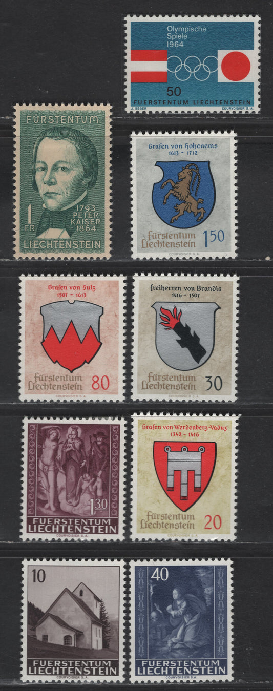 Lot 211 Liechtenstein SC#385-389, 391-394 50rp - 1fr Prussian Blue, Red & Black - Dark Green on Buff Olympic Rings & Flags - Peter Kaiser, 1964 Olympic Games - Peter Kaiser Issues, 9 VFOG/NH Singles