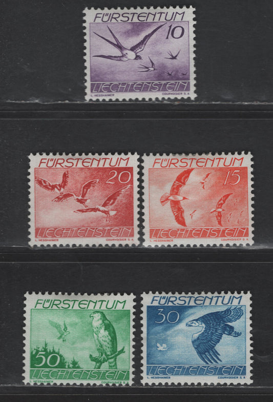 Lot 212 Liechtenstein SC#C17-C21 10rp - 50rp Violet - Bright Green Barn Swallows - Northern Goshawk, 1939 Airmail Issue, 5 VFOG Singles