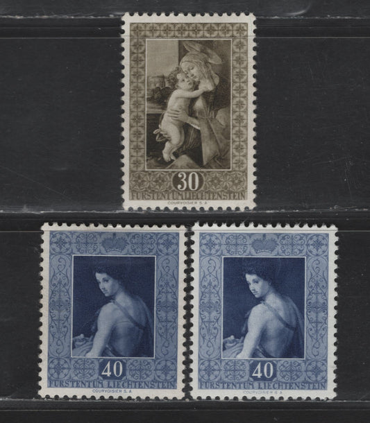 Lot 213 Liechtenstein SC#262-263 30rp - 40rp Brown Olive - Violet Blue Savolordo - Madonna, 1952 Pictorial Issue, 3 VFOG Singles, Perf 11.5, Unwatermarked