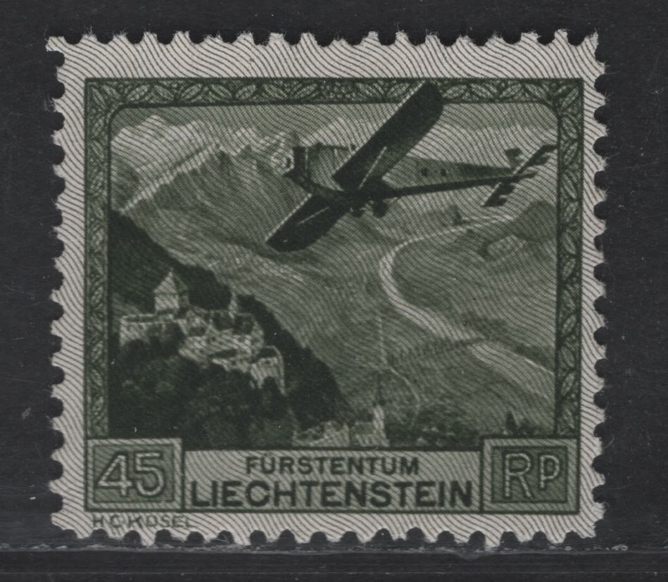 Lot 216A Liechtenstein SC#C5 45rp Olive Green Airplane over Rhine Valley, 1930 Airmail Issue, A VFOG Single, Perf 10.5