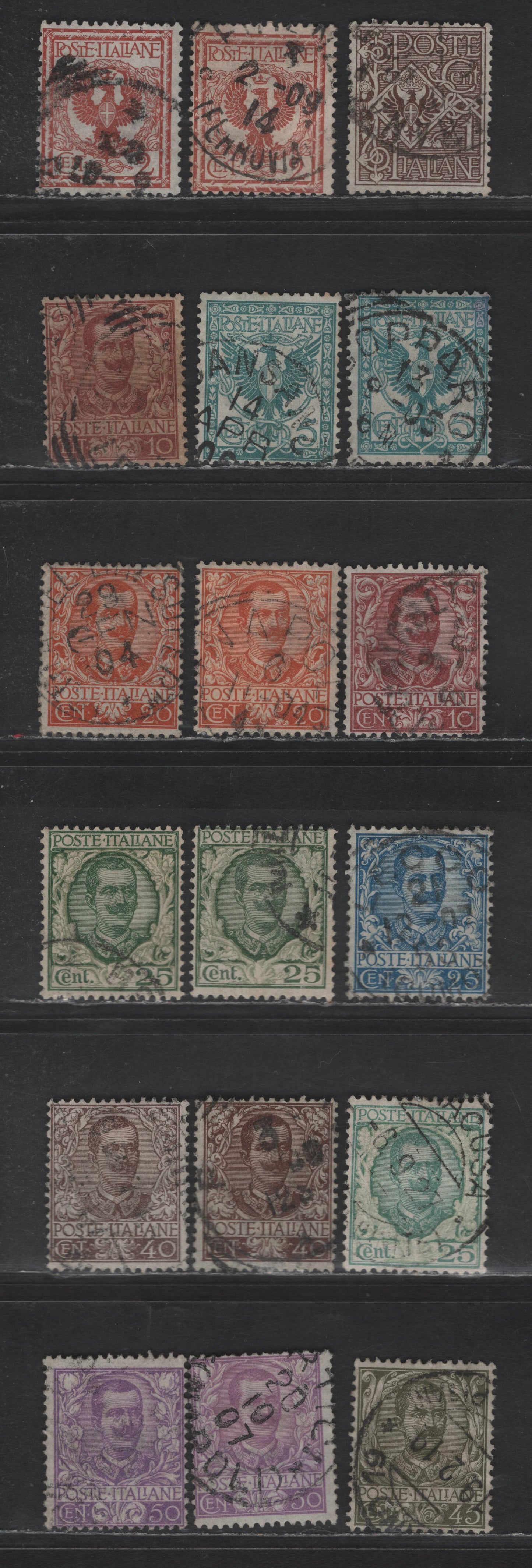 Lot 217 Italy SC#76-85 1c - 50c Brown - Violet Victor Emmanuel III, 1901-1926 Victor Emmanuel III Issue, 18 Very Good/Fine/Very Fine Used Singles, Shade Variations