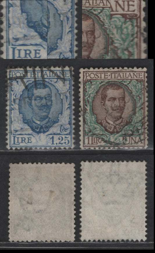 Lot 218 Italy SC#87-88var 1l - 1.25l Brown & Green - Blue & Ultramarine Victor Emmanuel III, 1901-1926 Victor Emmanuel III Issue, 2 Very Fine Used Singles, Showing Shifts of Floral Design In Frame