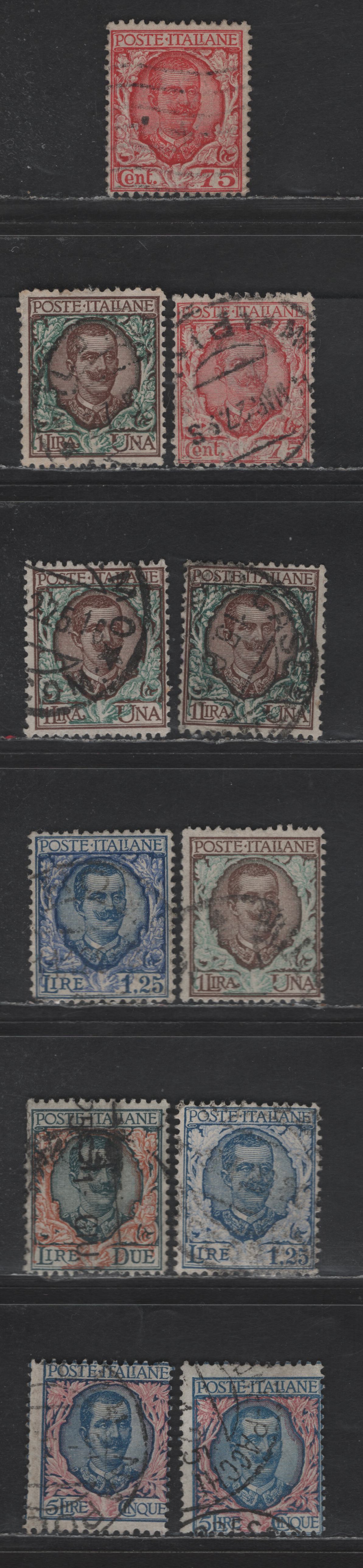 Lot 219 Italy SC#86-89, 91 75 - 1.25 Dark Red & Rose - Blue & Rose Victor Emmanuel III, 1901-1926 Victor Emmanuel III Issue, 11 Very Good/Fine/Very Fine Used Singles, Shade Varieties