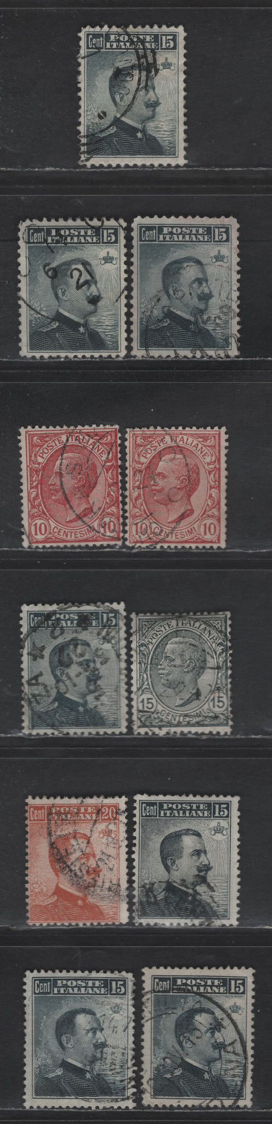 Lot 220 Italy SC#93,d, 111, 113, 123 15c - 20c Slate - Brown Orange Victor Emmanuel III, 1906-1911 Victor Emmanuel III Original & Re-Engraved Issues, 11 Fine/Very Fine Used Singles, Normal & Thin Paper, Additional Shades