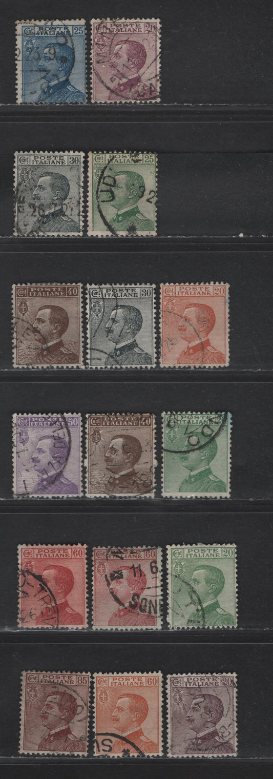 Lot 221 Italy SC#97-101, 103-105, 107-110 20c - 85c Brown Orange - Red Brown Victor Emmanuel III, 1908-1927 Victor Emmanuel III Original & Re-Engraved Issues, 16 Fine/Very Fine Used Singles, Additional Shades