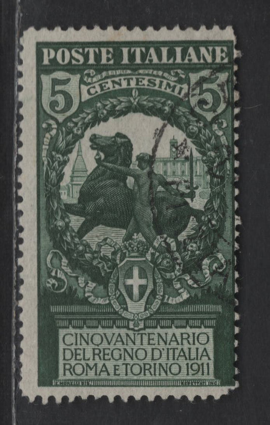 Lot 222 Italy SC#120 5c Deep Green Calvaryman, 1911 50th Anniv of Union Of italian States Issue, A Very Good Used Single, Perf 14