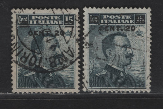 Lot 223 Italy SC#129-129var 20c on 25c Slate Victor Emmanuel III, 1916 Victor Emmanuel III Issue, 2 Very Fine Used Singles, Normal & Shifted Surcharge