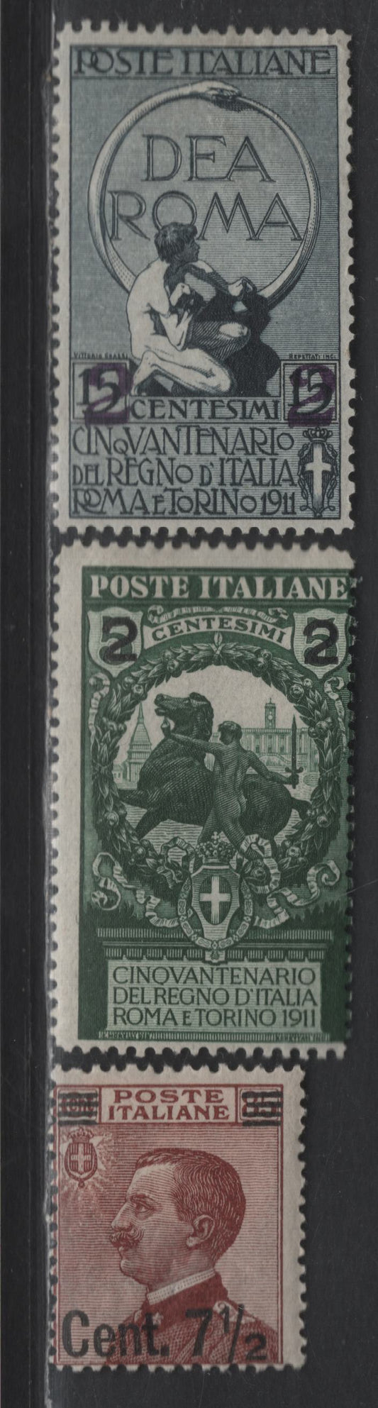 Lot 224 Italy SC#126, 128, 147b 2c on 5c - 7.5c on 85c Deep Green - Brown Victor Emmanuel III, 1913-1927 Victor Emmanuel III Issues, 3 VG/F/VFOG Singles, Including Type 2 Surcharge On #147