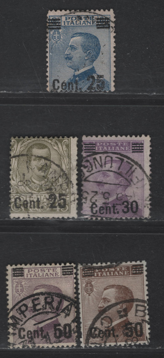 Lot 225 Italy SC#152-154, 156-157 25c on 45c - 50c on 55c Blue - Lilac Victor Emmanuel III, 1923-1925 Surcharged Issue, 5 Very Good/Fine/Very Fine Used Singles