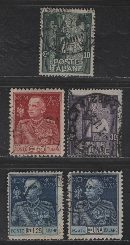 Lot 226 Italy SC#159-160, 175-177 10c - 1.25l Dark Green - Dark Blue Anniversary of March on Rome - Victor Emmanuel III, 1923-1926 Anniversary of March on Rome - Victor Emmanuel III Issues, 5 Fine Used Singles