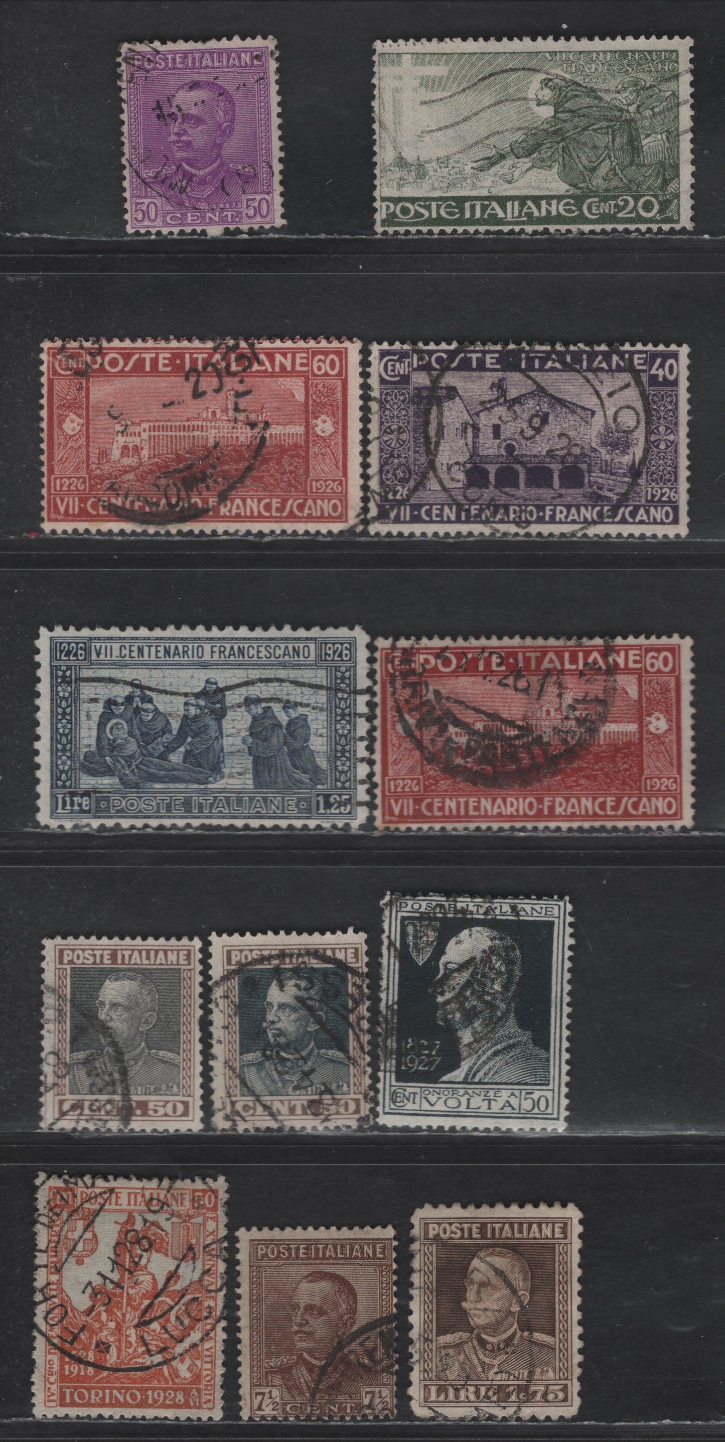 Lot 227 Italy SC#178-180, 182, 189, 192-193, 197, 200, 204 20c - 50c Gray Green - Orange Brown & Blue St. Francis of Assisa - Emmanuel Filbert, 1926-1928 St. Francis of Assisa - Emmanuel Filbert Issues, 10 Very Good/Fine//Very Fine Used Singles