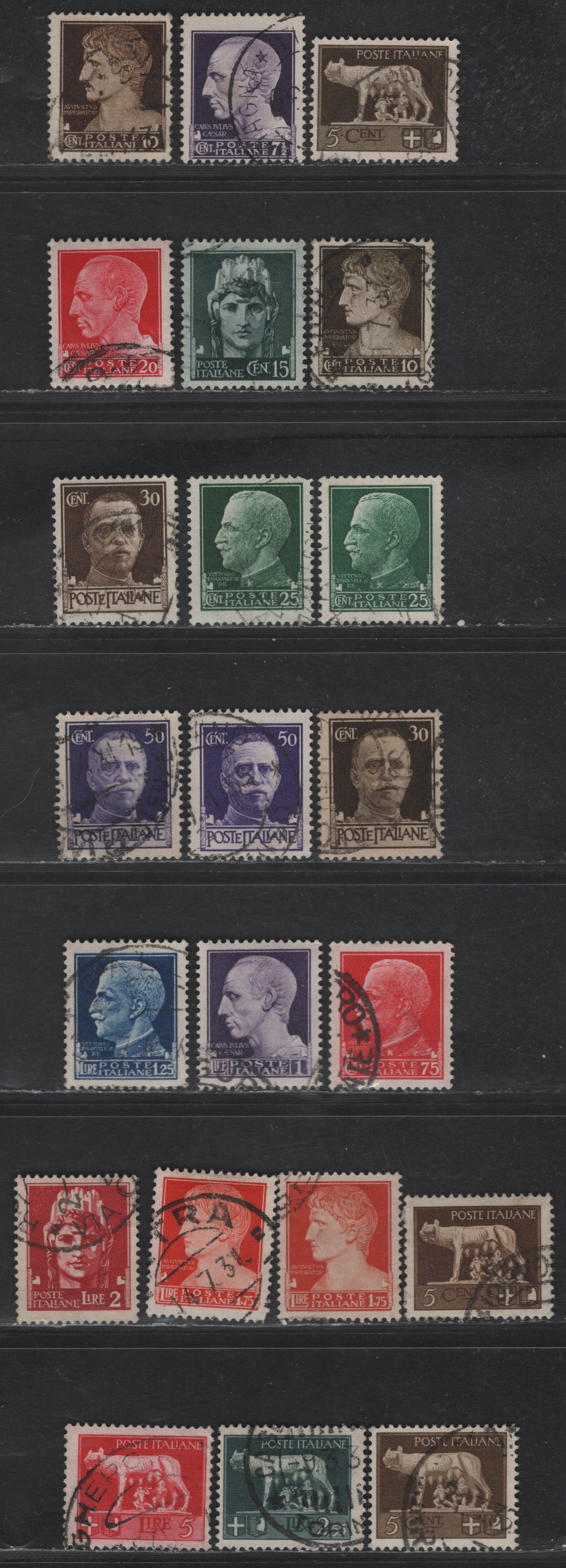 Italy SC#213-219. 221-227 5c - 5l Olive Brown - Rose Red Ceasar, Italia & Emmanuel III, 1929-1942 Ceasar, Italia & Emmanuel III Definitives, 22 Fine/Very Fine Used Singles, Includes Shade Varieties
