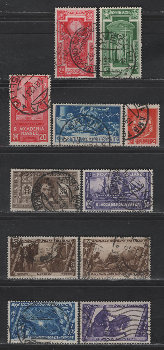 Lot 231 Italy SC#265-268, 272, 290, 295, 297, 301, 310-311 20c - 25c Rose Red - Green Royal Navy Academy - Holy Year, 1931-1933 Royal Navy Academy - Holy Year - Issue, 11 Very Fine Used Singles