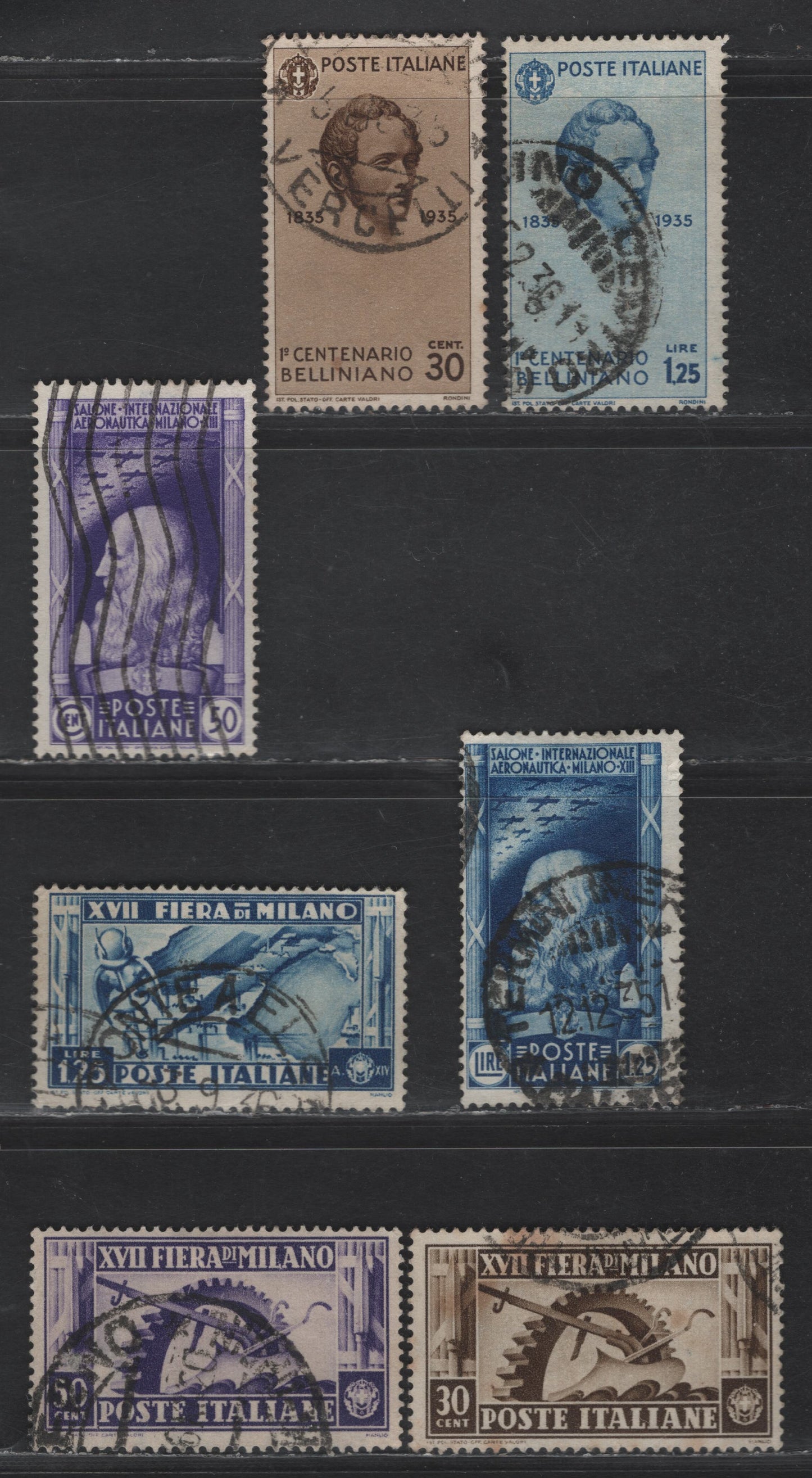 Lot 234 Italy SC#347-348, 352, 356-359 50c - 1.25l Purple - Dark Blue International Aeronautical Salon - Bellini, 1935 International Aeronautical Salon - Bellini Issues, 7 Fine Used Singles