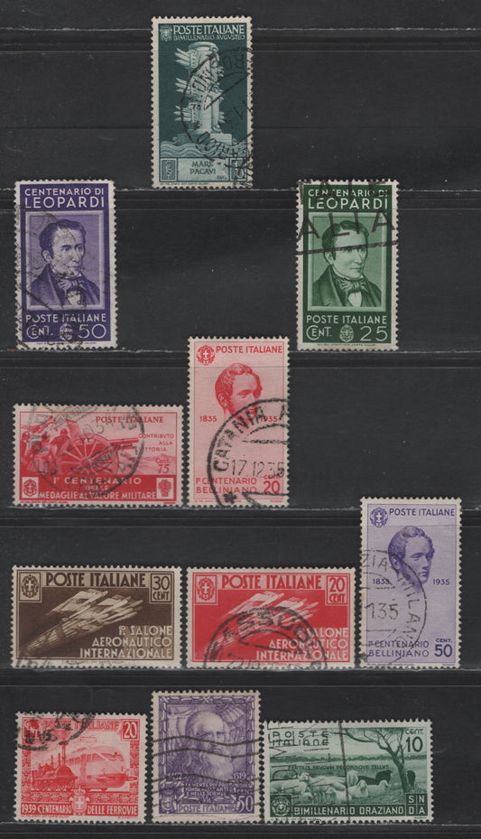 Lot 235 Italy SC#377, 345-346, 349, 351, 359, 377, 389, 391, 404, 410 75c - 25c Carmine Rose - Rose Red Medal of Valor - Italian Railroads, 1934-1939 Centenary of Medal of Valor - Italian Railroads Issues, 11 Very Fine Used Singles