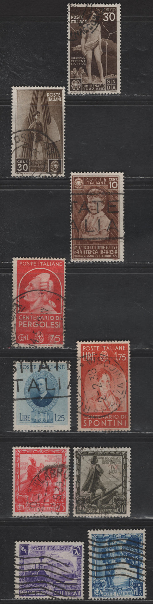 Lot 236 Italy SC#361, 370, 367, 392, 394, 399, 403, 405-406, 411 30c-50c Olive Brown - Bright Violet Quintos Horatius - Railroads, 1936-1939 Anniv. Of Birth of Quintos Horatius - Centenary of Railroads Issues, 10 Fine Used Singles