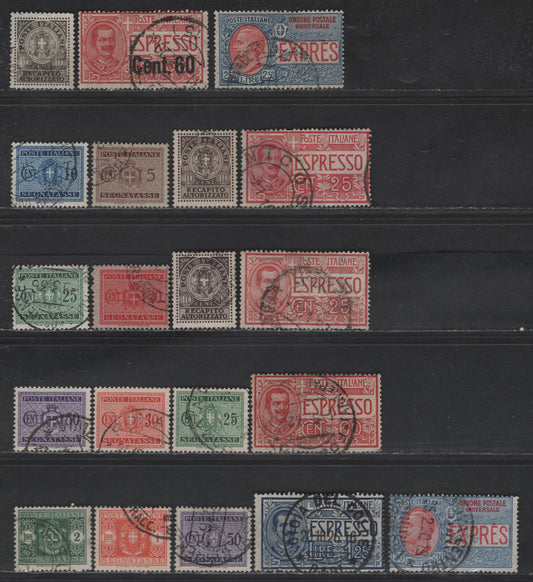 Lot 239 Italy SC#E6, E8, E1, E3, E5, EY2, J28-J32, J34, J36 25c - 2l Rose Red - Green Numeral & Arms, 1903-1934 Special Delivery - Postage Dues, 13 Fine/Very Fine Used Singles