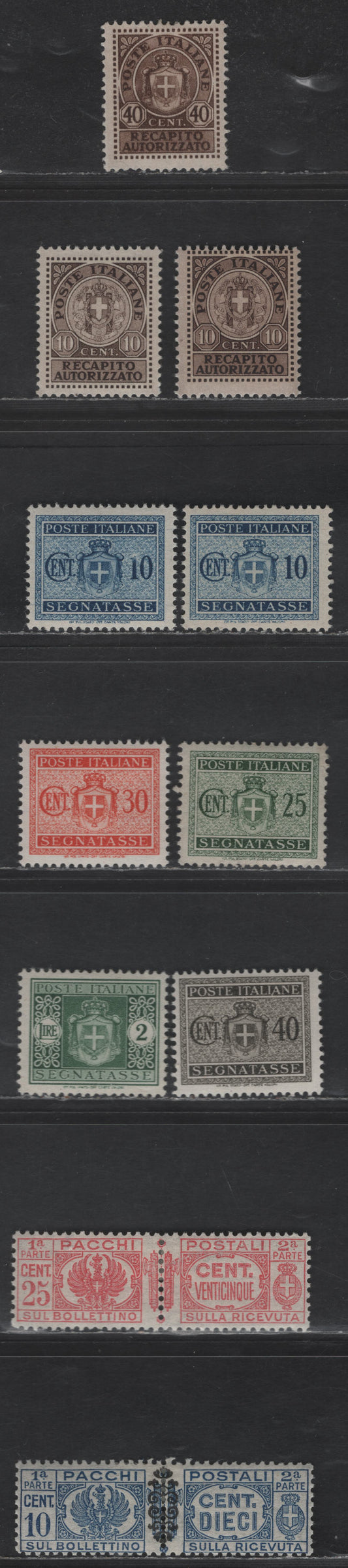 Lot 241 Italy SC#EY2, EY4, J29, J31-J33, J37, Q25-Q26 10c - 2l Dark Brown - Green Emblem, 1930-1942 Authorized Delivery, Postage Dues & Parcel Post Issues, 9 F/VFOG/NH Singles, EY4 is NH, Rest Are OG